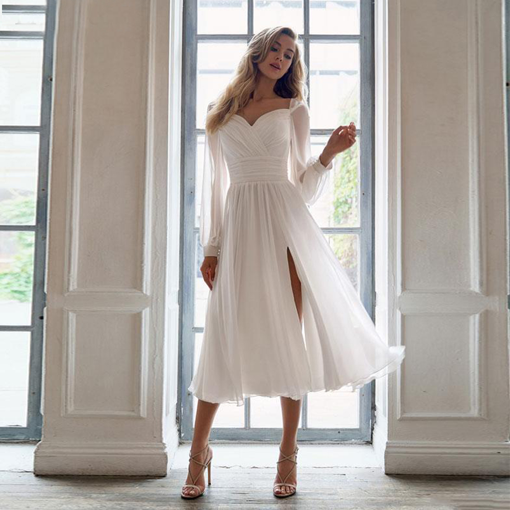 Simple Chiffon Tea-Length Wedding Dress Sweetheart and Long Sleeve Side Split Bride Gowns Sexy Backless Pleat Bridal Customized