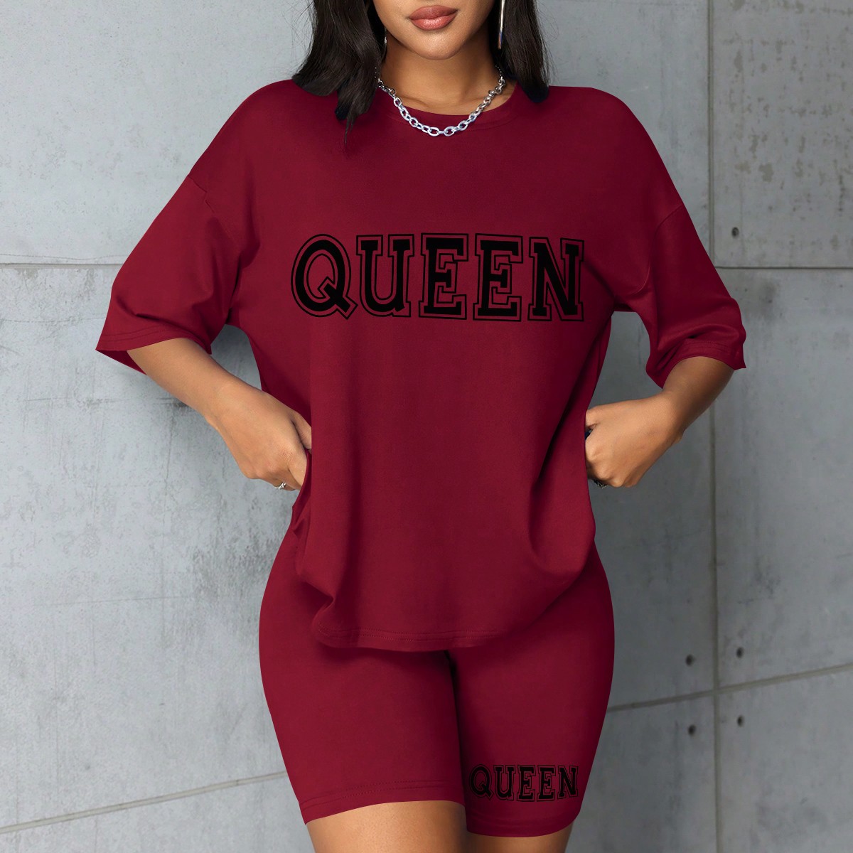 Modische All-Match-Shorts in Übergröße, kurzärmeliger Anzug, Queen-Buchstabendruck, einfacher und bequemer zweiteiliger Anzug 2024, Neu