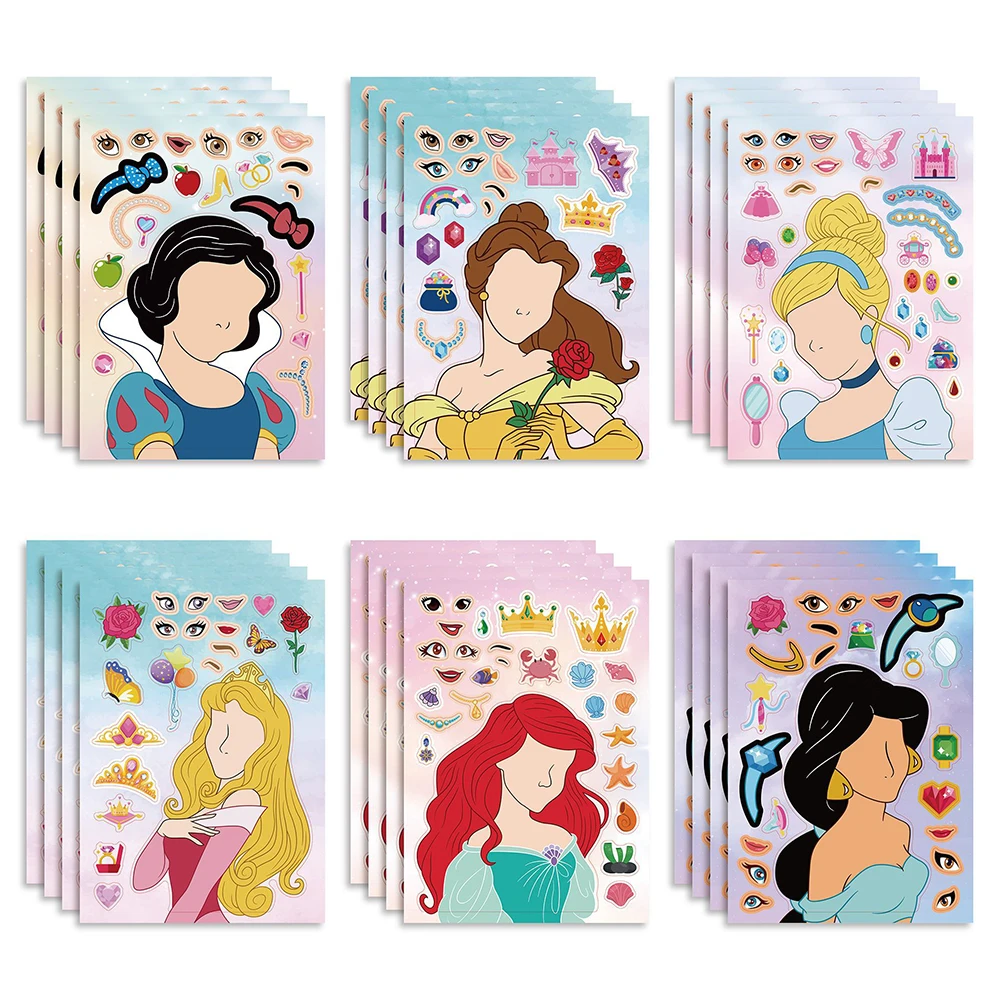 Pegatinas de rompecabezas de princesa Disney para niños, juguetes educativos de manualidades con pegatinas de dibujos animados para armar cara a cara, 6 o 12 hojas