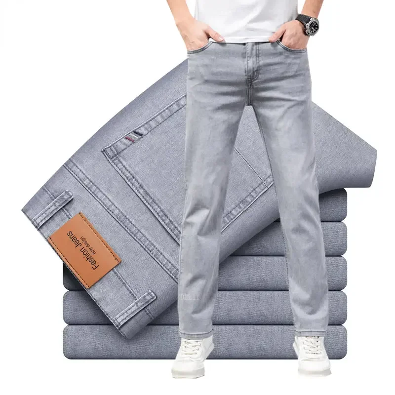 2024 Marke Dünnes oder Dickes Material Gerade Baumwolle Stretch Denim Herren Business Casual Hohe Taille Hellgrau Blau Jeans