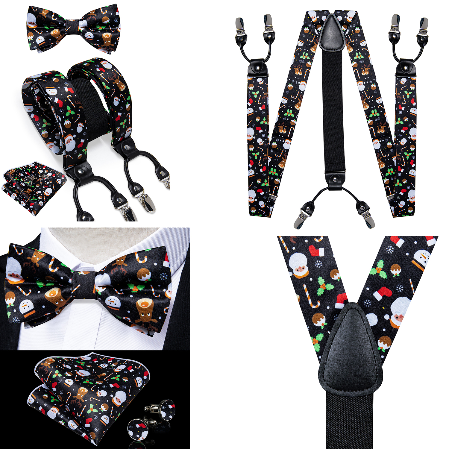 Tirantes elásticos de Navidad para hombre, juego de gemelos de pajarita negra ajustable, tirantes de espalda de Papá Noel, Correa ancha, Clip de Metal