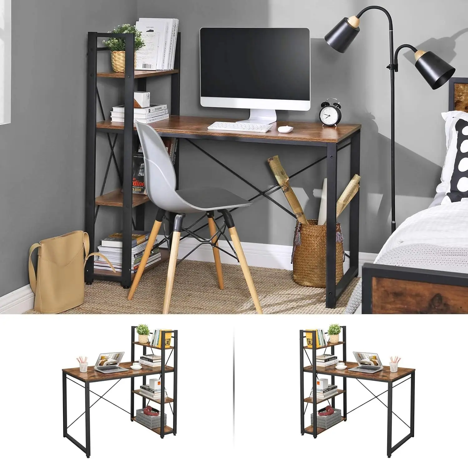 VASAGLE Schreibtisch Computertisch, 120 / 137,2 cm, mit Regalböden rechts oder links