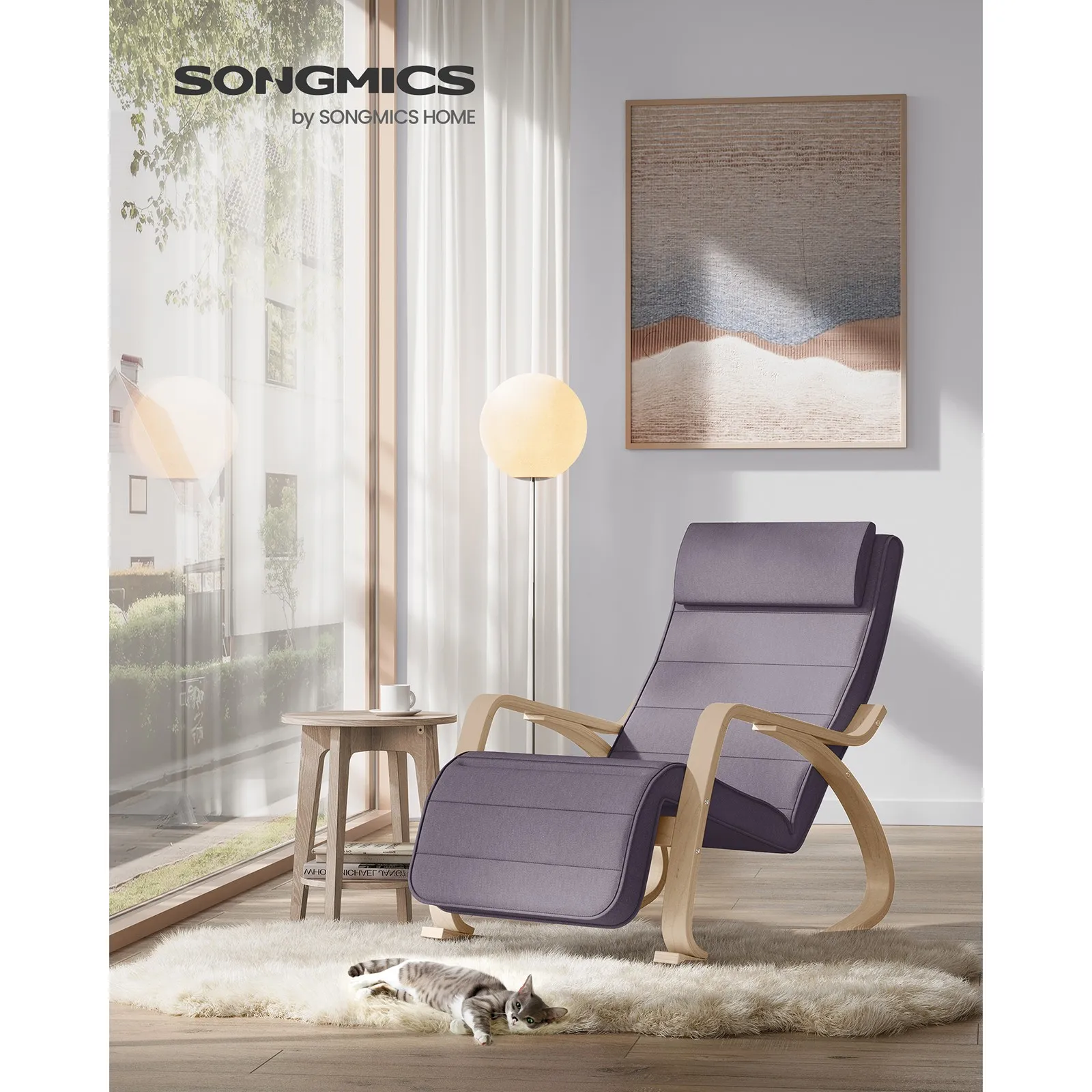 Mecedora SONGMICS: reposabrazos de madera de abedul, reposapiés de 5 posiciones. Soportes hasta 150 kg. Dormitorio, Salón.