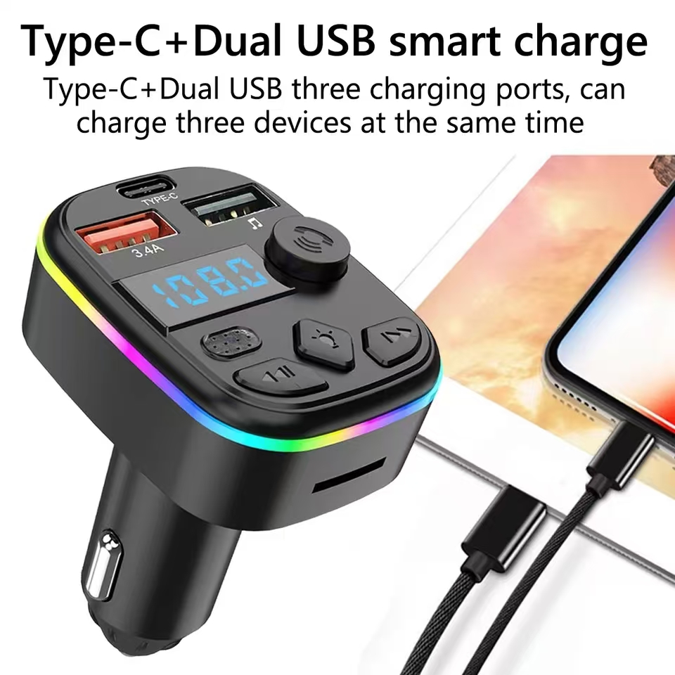 Carregador de carro transmissor fm suporte cartão tf u disco carro mp3 player duplo usb tipo c carregamento do telefone celular mãos livres kit carro sem fio