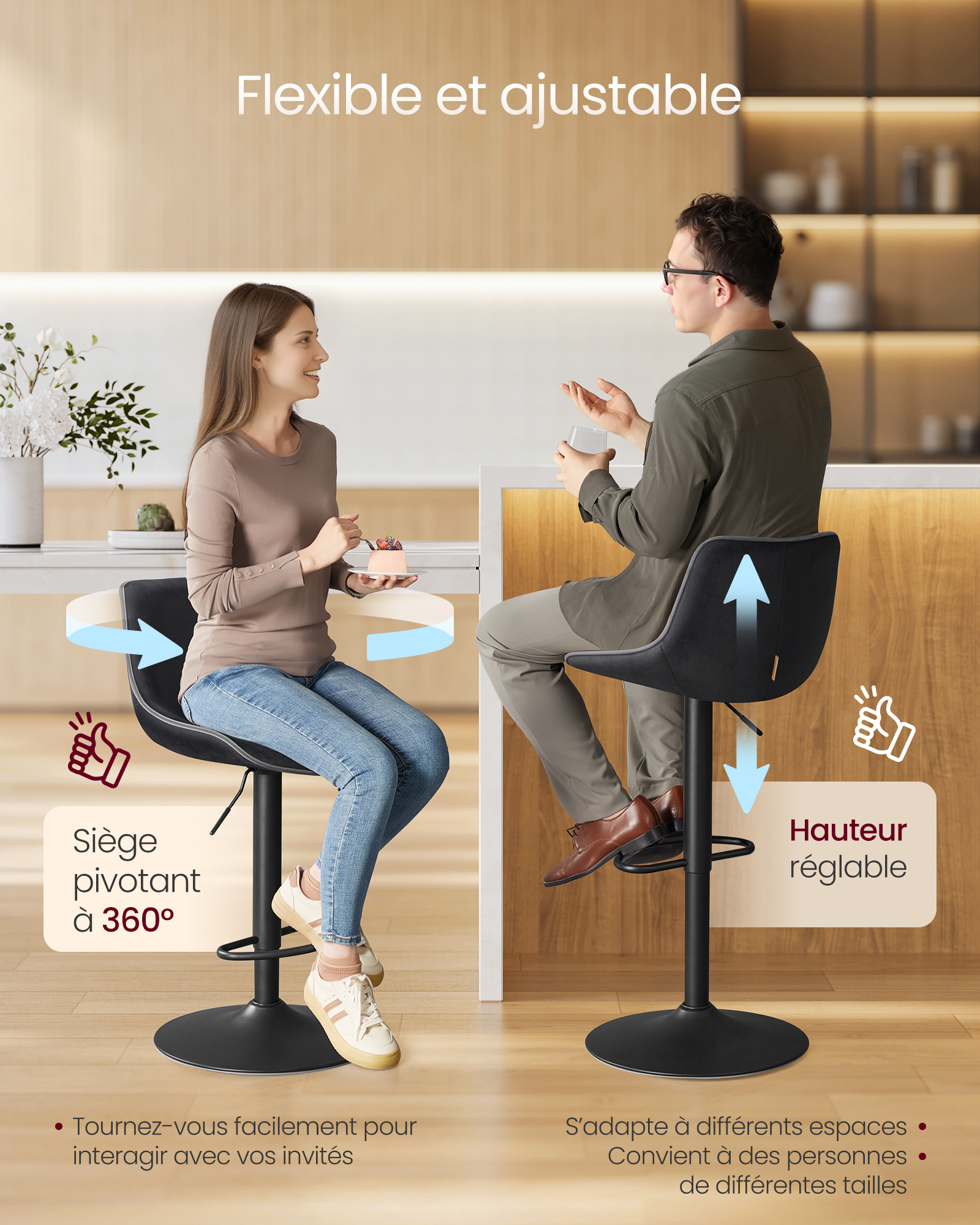 Lot de 2 Tabourets de Bar, Pivotants, Réglables en Hauteur, Dossier Ergonomique, Velours, Base Métallique, Modernes,  Noir d'encre