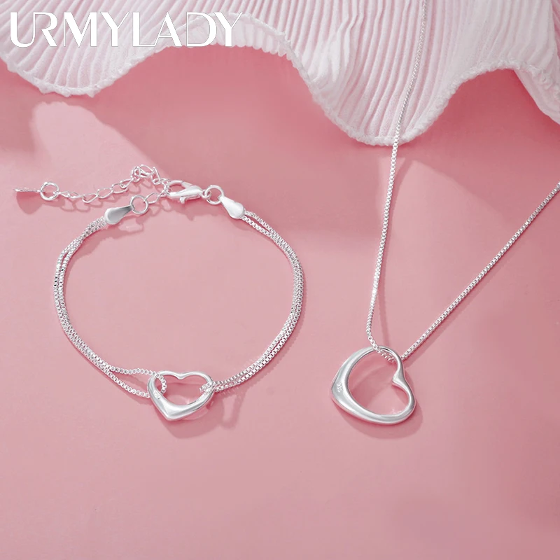 Original 925 เงินสเตอร์ลิงหัวใจสวยสร้อยข้อมือสร้อยคอผู้หญิงแฟชั่นงานแต่งงานชุดเครื่องประดับวันหยุดของขวัญ