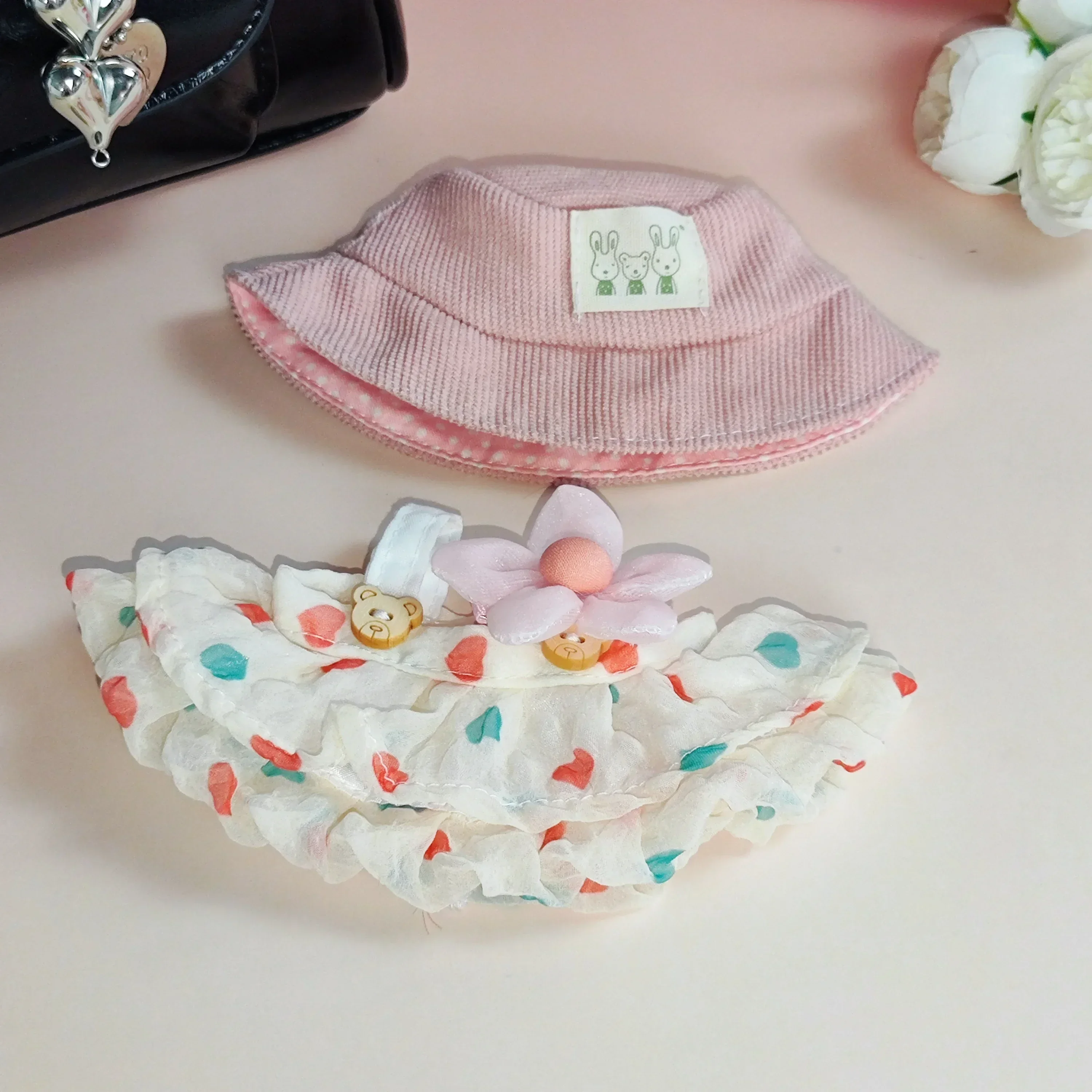 Voor 17 cm Labubu Pop Outfit Gerimpelde Rok Bloem Haarspeld Set Visser Hoed Labubu Kleding Ropa Labubu