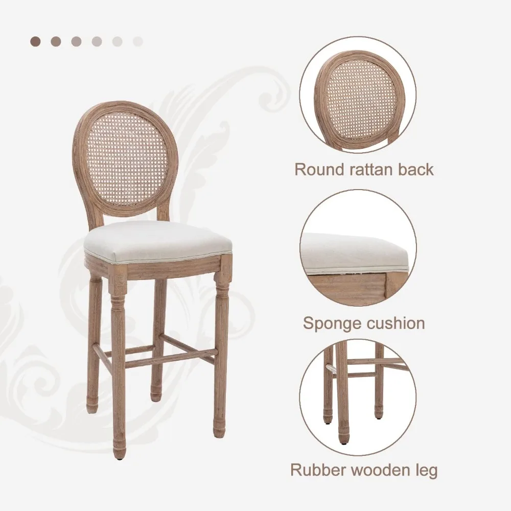 French Country Bar Stool Set of 4, Rattan Counter Height Chairs with Solid Wood Frame and Upholstered Seating, 26 Inch Bar