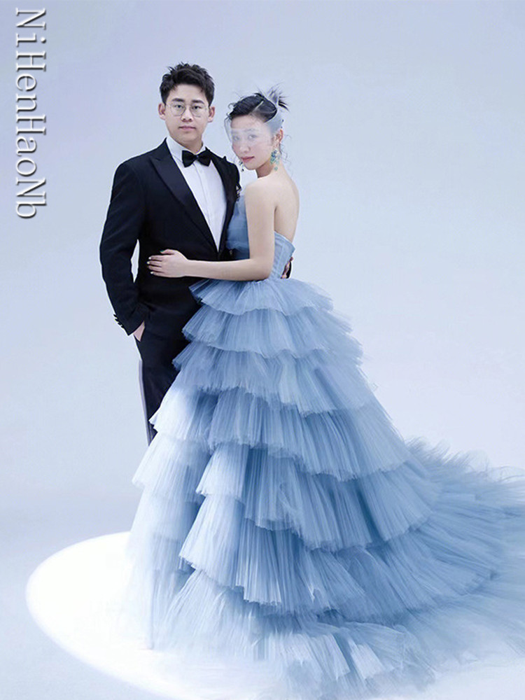 Princess Blue Quinceanera Dresses Strapless Multi-layer Evening Dress Sexy Sweep Tail Party Dress