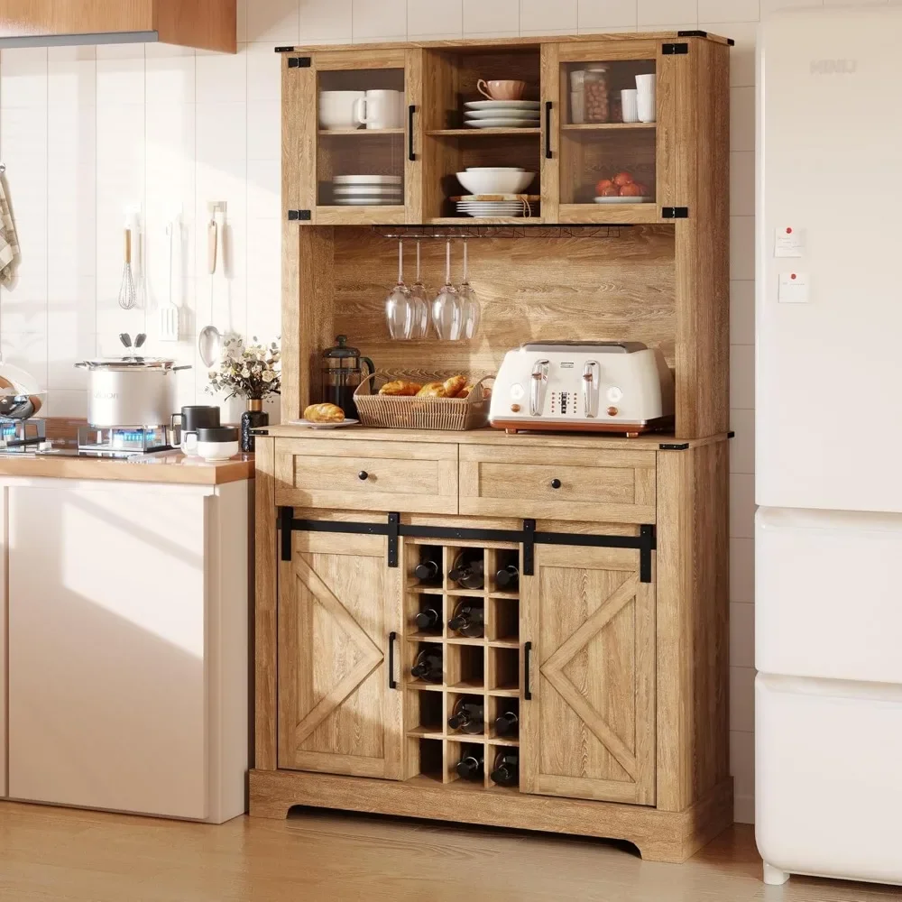 Kaffee-Barschrank mit Wein- und Glasregalen, 72" Schrank mit Schiebetür im Landhausstil