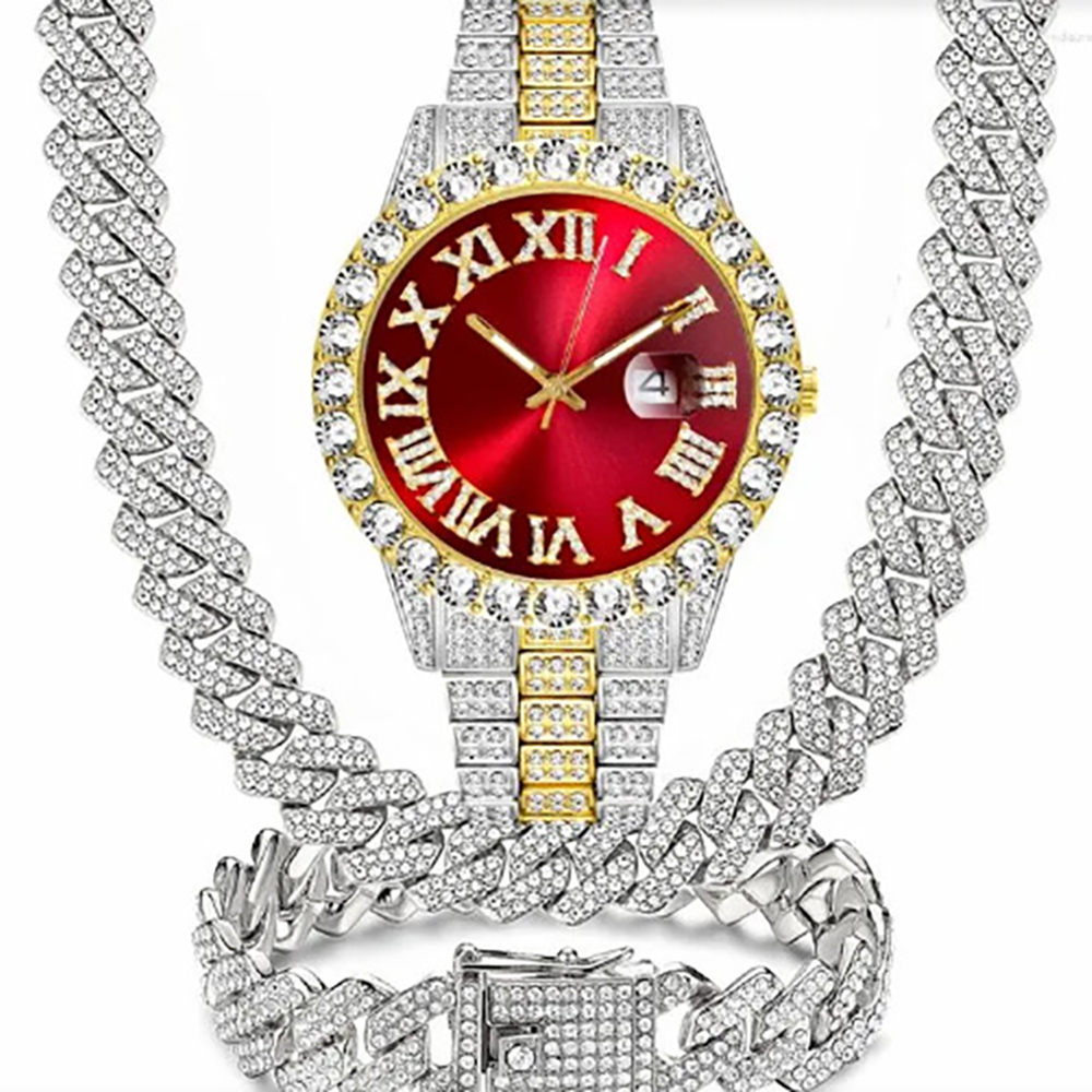 Relógio masculino banhado a ouro hip hop, movimento de quartzo com mostrador redondo de zircônia completa, design de luxo brilhante para estilo de festa