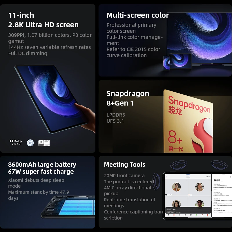 Xiaomi Mi Pad 6 Pro Snapdragon 8+ Gen 1 Octa Core 11" 2.8K Screen 50MP Main Camera 8600mAh Battery 67W Fast Charge China Version