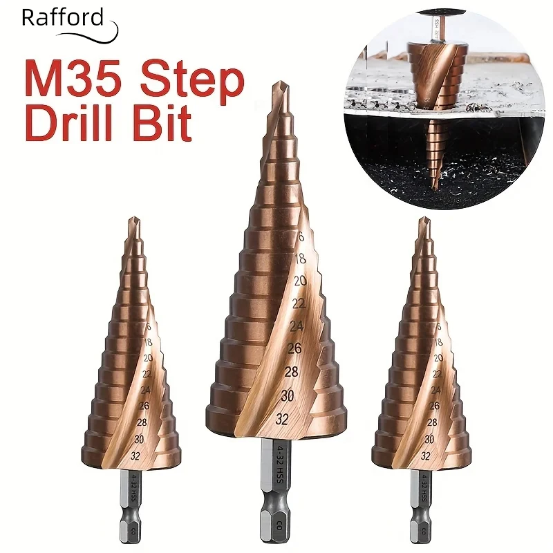 Wiertło stopniowe Rafford 4-12/4-20/4-32mm M35 Kobaltowe Stożkowe HSS-CO Wiertło Spiralne Rowek Trójkątny Trzonek Do Stali Nierdzewnej