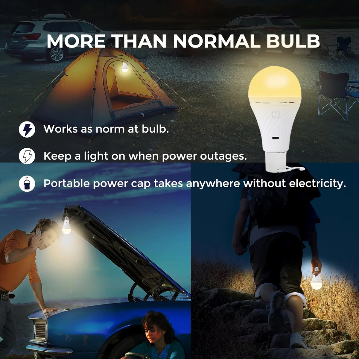 USB-C rechargeable Light Bulb with tri color temperature bulb Double Charging Modes Bulb E27 with Hook Outdoor touch dimming cam
