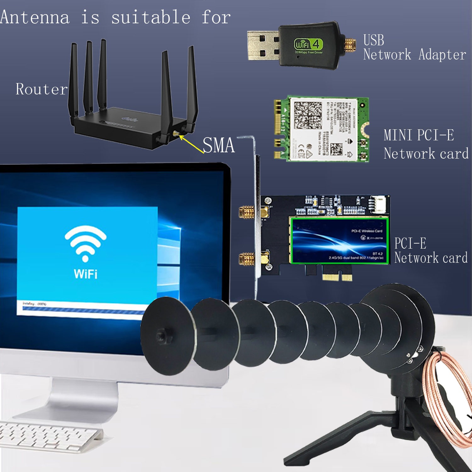 Antena direccional Yagi WIFI de 16dBi, 2,4 GHz, señal mejorada, Notebook, PC de escritorio, ordenador, tarjeta de red inalámbrica USB, adaptador PCIE