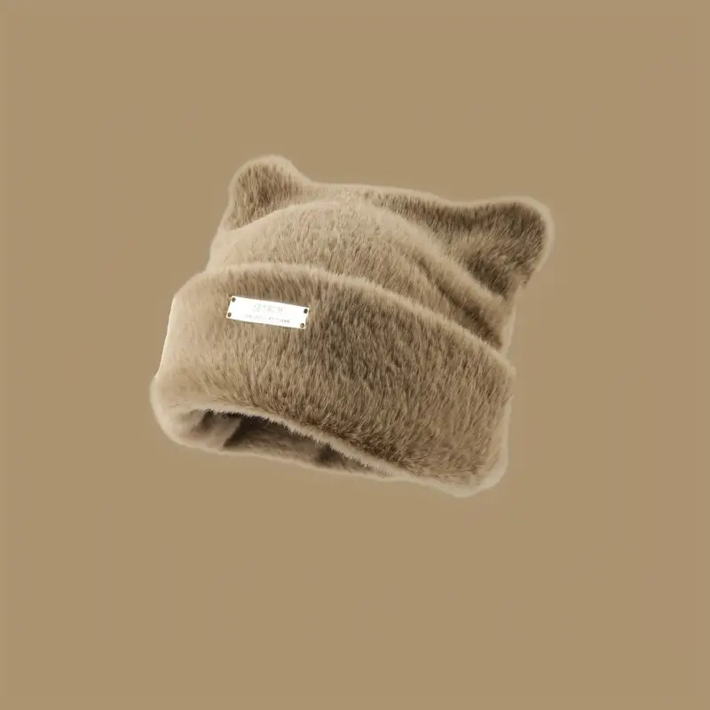 Iron Label Dekorative Beanie-Mütze mit Ohren, niedliche warme Plüsch-Katzenmütze, Winter-Mütze aus Kunstfell, elastische Strickmütze für Damen im Freien