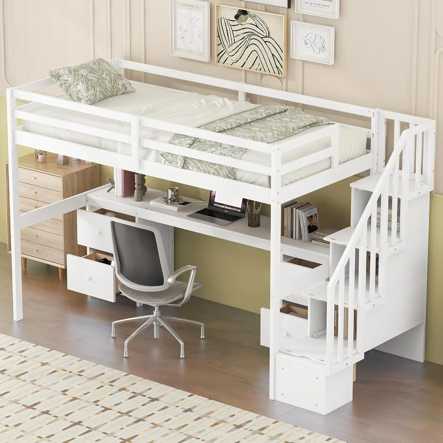 Twin Size Loft Bed with Desk and Storage Stairs, Wood Loft Bed with Desk & 4 Storage Drawers, High Loft Bed Frame with Storage
