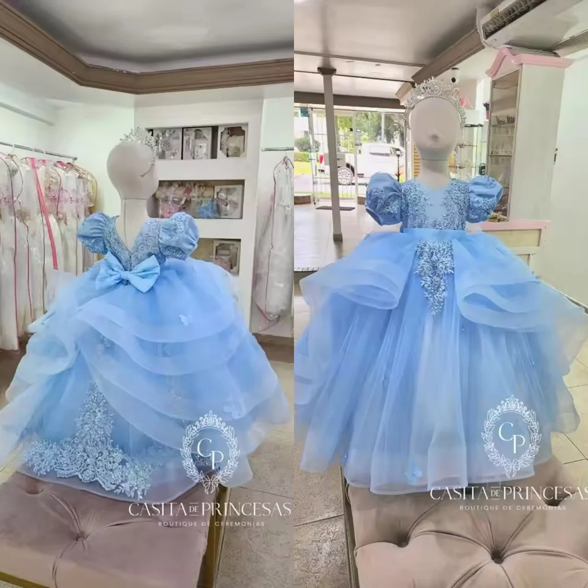 Vestidos de niña de flores azules para boda con apliques de encaje de lazo vestidos de baile de cumpleaños de niña de princesa vestidos de primera comunión personalizados
