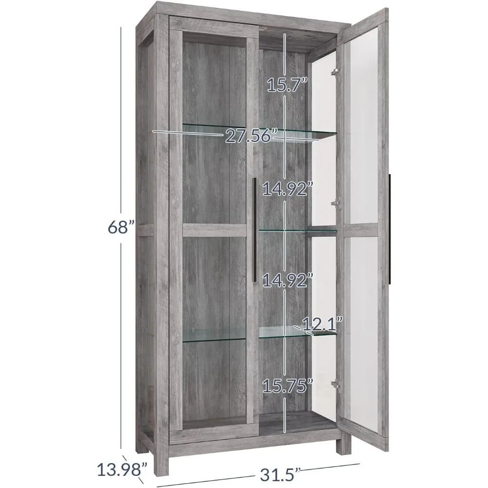 Glass Display Cabinet, Tall Curio Cabinet with Tempered Glass Doors for Living Room, Trophy Display Case - Avalon (Gray Wash)