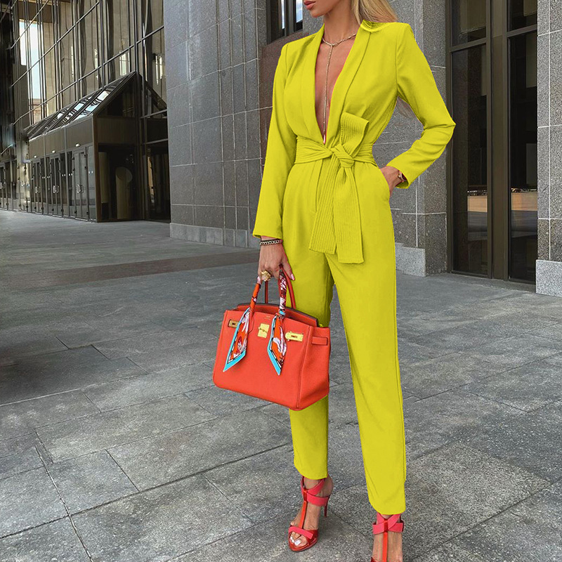 Frauen Overalls V-ausschnitt Volle Hülse Strampler Spitze Up Solide Splice Lange Hosen Ein Stück Elegante Büro Dame Regelmäßige 2024 sommer