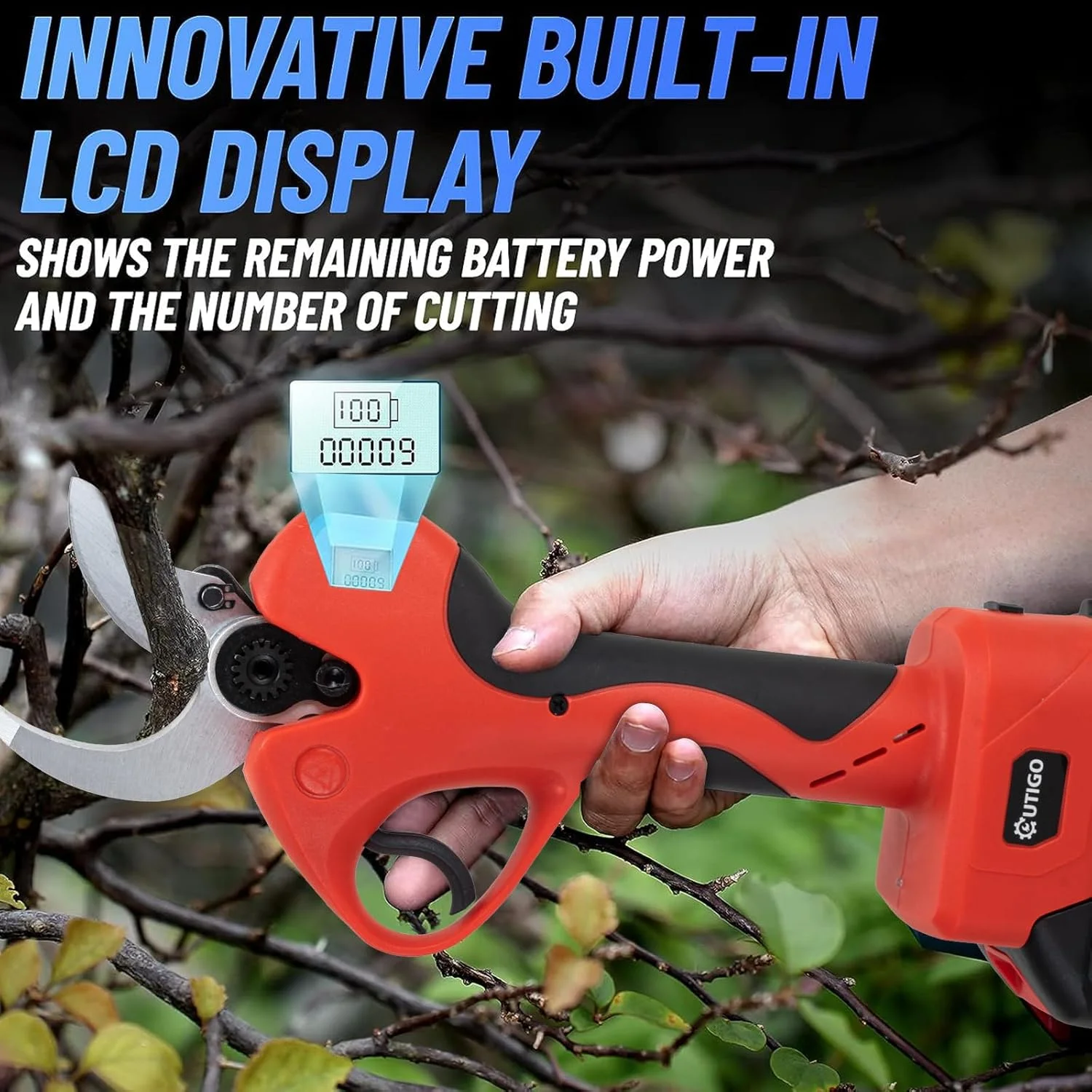 OUTIGO Forbici Potatura Elettriche con 2x3000mAh Batterie, 40 mm, con Display, con Motore brushless per giardinaggio, alberi da frutto, vigneto