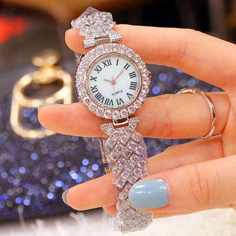 5 unids/set de reloj de cuarzo con incrustaciones de diamantes y patrón romano a la moda para mujer, accesorios de reloj de lujo versátiles de negocios a la moda