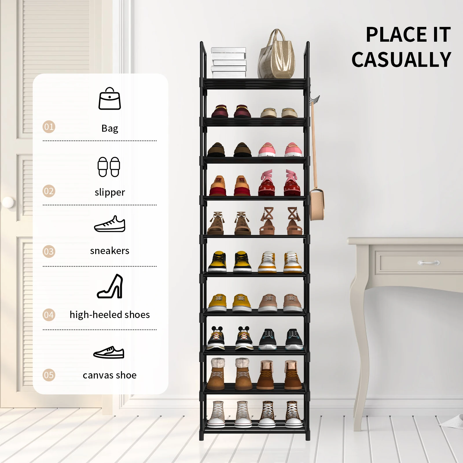 EFAN Scarpiera, Organizer per riporre scarpe in metallo a 10 livelli, Design personalizzabile, Struttura in metallo, Scaffale salvaspazio, per camera, corridoio