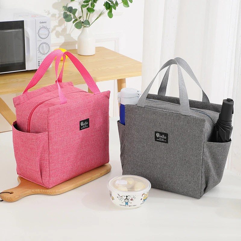 Saco de almoço impermeável de nylon com isolamento térmico, Grande capacidade, Bolso lateral duplo, Lancheira portátil, Sacos de armazenamento, Sacos de comida piquenique