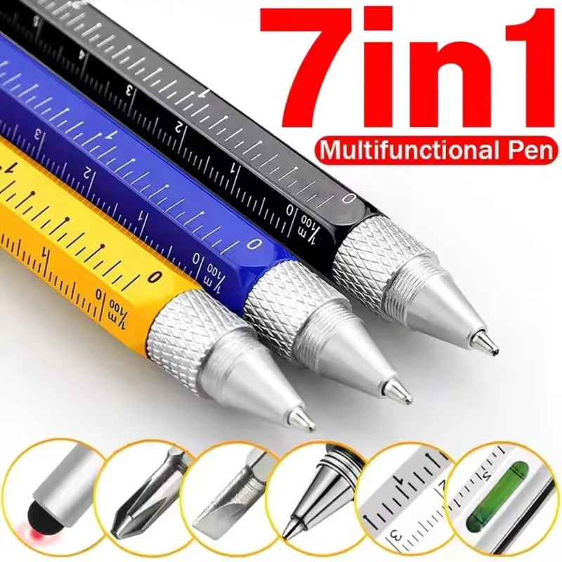 Caneta multifuncional 7 em 1 para tela sensível ao toque, caneta capacitiva com chave de fenda, régua, medidor de nível, recarregável, ferramenta de lápis esferográfica