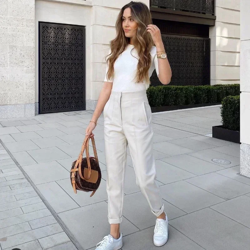 MUJER 2025 Women's Summer Pants Pencil High Waist Pants for Women White Black Cropped Trousers Womens Streetwear Office Pants