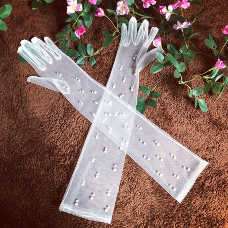 55 cm 투명 웨딩 장갑 진주 긴 팔꿈치 장갑 메쉬 팔 커버 여성 파티 신부 드레스 액세서리 사진 소품