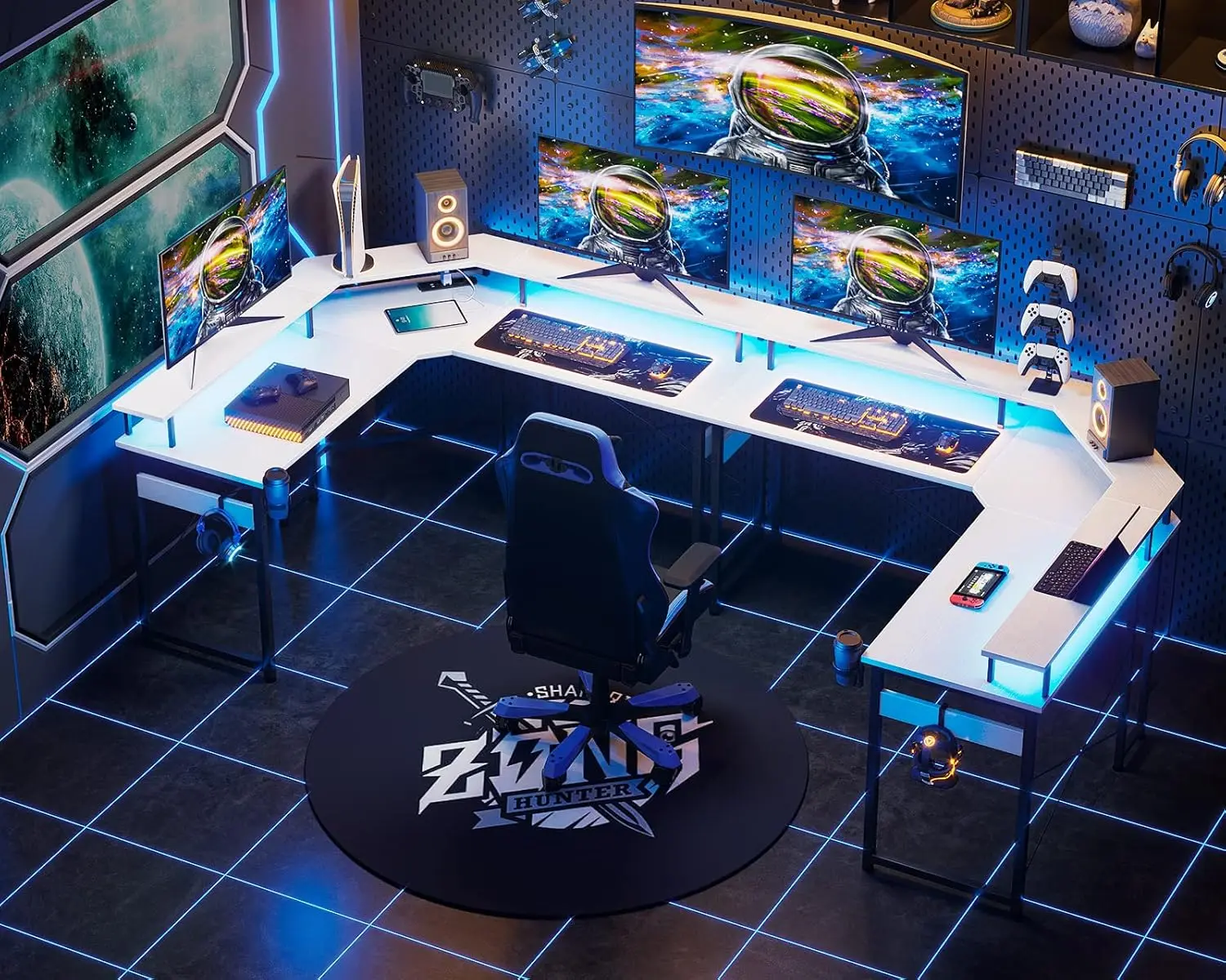 Mesa Gaming con LED,Escritorio Gaming con Enchufes,Mesa Escritorio Gaming con Soporte para Monitor,Blanco, escritorios, mesa gaming pc