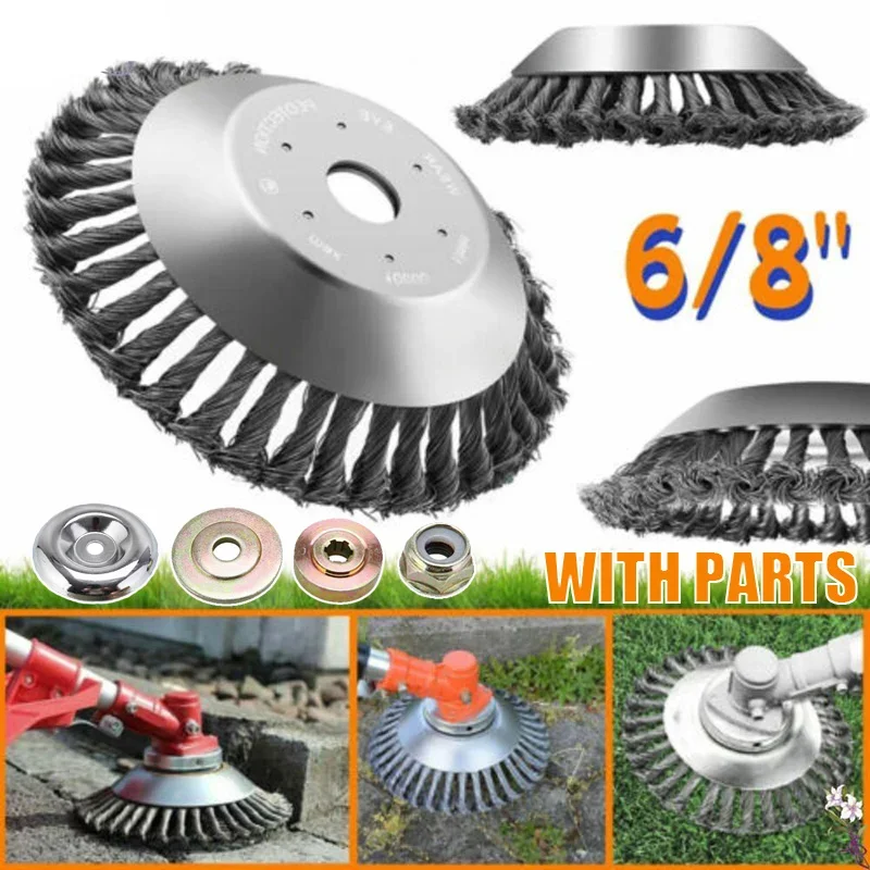 Disco de cepillo de rueda de alambre de acero, cabezal de cepillo de hierba de jardín, cortacésped Universal, herramienta de corte, nueva actualización, 6/8 pulgadas