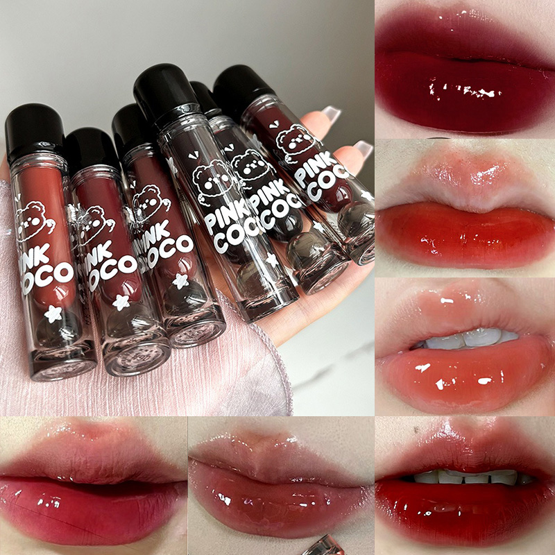 PINKCOCO Bear Doodle Mirror Lip Glaze - Lucidalabbra lucido a lunga durata, delicato ai studenti, rossetto nudo schiarente per la pelle