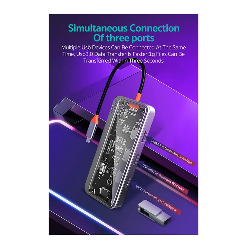 1 Buah Gigabit 10-In-1 Stasiun Dok Tipe C HUB USB Kompatibel RJ45 Pembaca Kartu SD Plastik Abu-abu USB 3.0 HUB-A25R