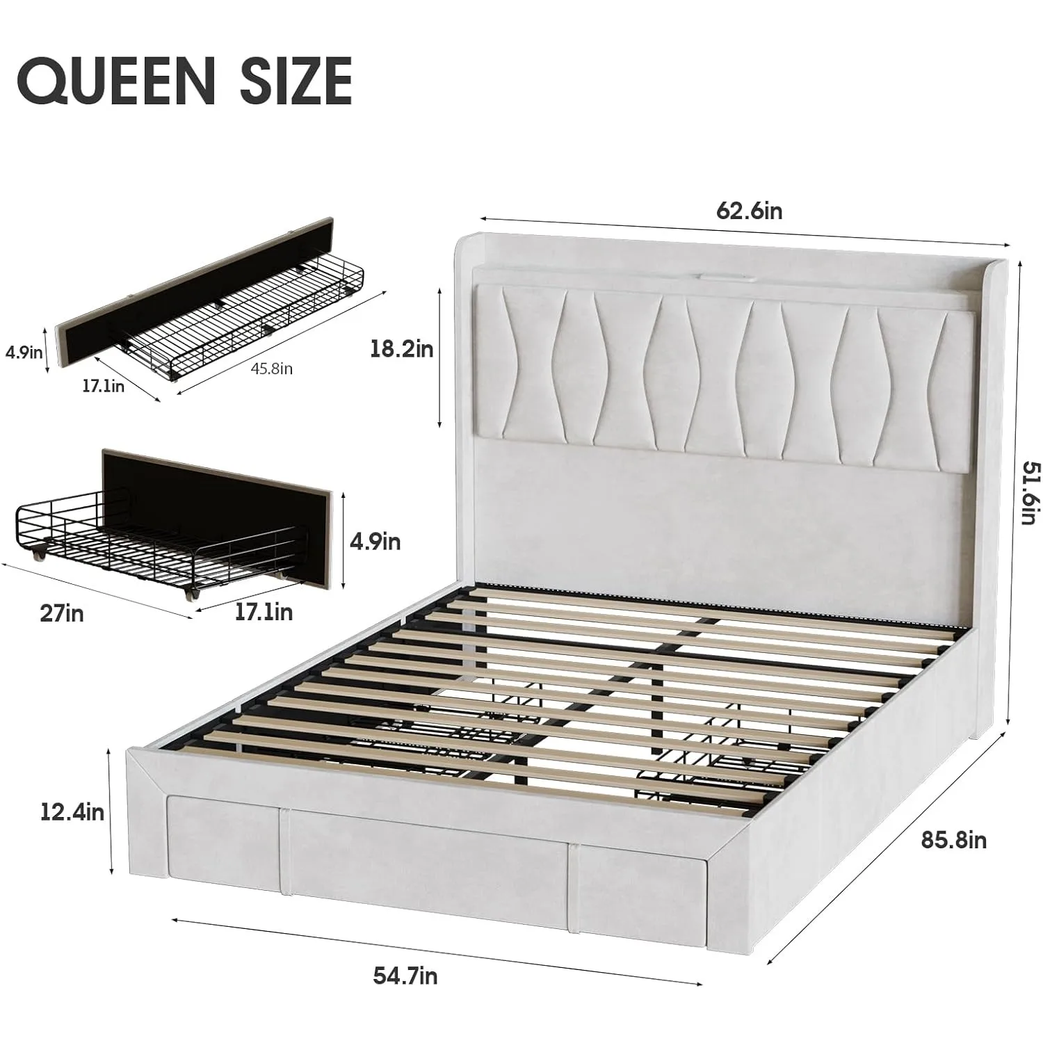 Queen Size Bed Frame with LED Light and 3 Drawers Storage, Upholstered Velvet Platform Bed Frame with Charging Station