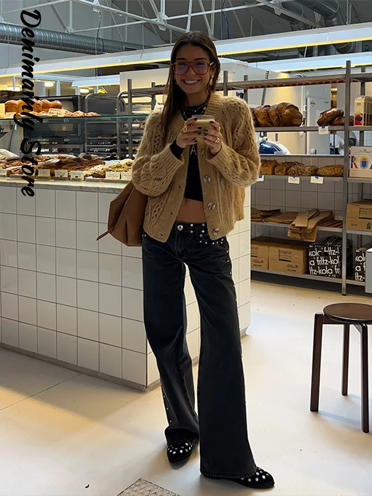 High Street Rivet Y2k-pantalones vaqueros largos para mujer, Pantalón recto de cintura baja con retales de estrellas, informales, a la moda, 2025