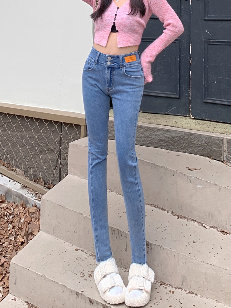 ハイウエスト黒スリムフィットデニムジーンズ女性の春のファッション 2023 弾性痩身大きいサイズレディースペンシルパンツ