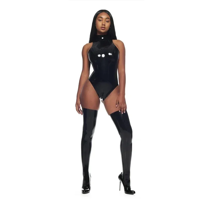 Body Sexy de látex sintético sin mangas para mujer, monos de charol con aspecto húmedo, mono ajustado de PU elástico con cuello alto, ropa para discoteca