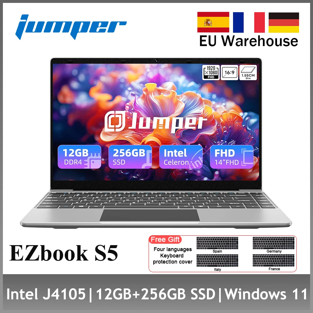 Jumper EZbook S5 Laptop 14 Zoll, 12 GB RAM 256 GB SSD, Prozessor Intel Celeron J4105 Notebook, zwei Lautsprecher, Typ-C, Mini-HDMI