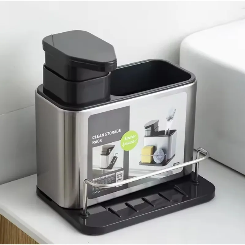 Dispensador de sabão de cozinha 3 em 1, com suporte de esponja, aço inoxidável, prato fácil de limpar, tamanho compacto, cabe na pia