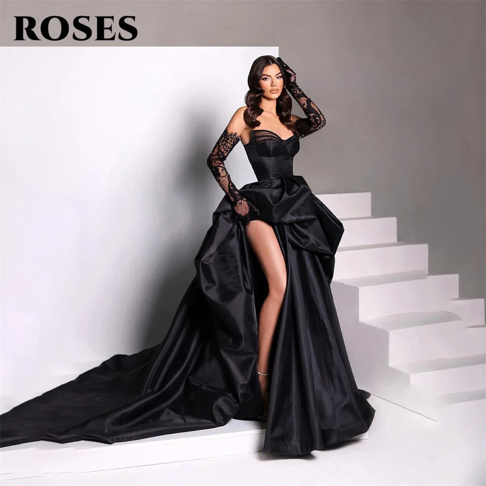 ROSES A Line Черные платья для выпускного вечера Милое пятно Вечерние платья Плиссированные платья с разрезом по бокам du soir Свадебные платья без рукавов для вечеринок