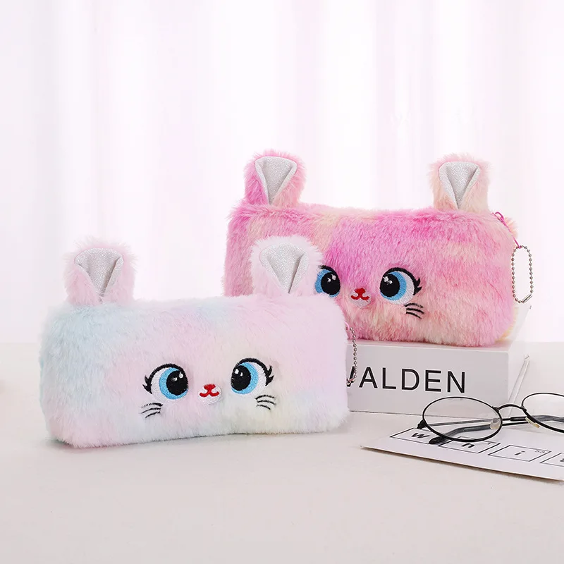 Kawaii Cat Plush กระเป๋าดินสอน่ารักซิป Fluffy ขนาดใหญ่ความจุกระเป๋าดินสอโรงเรียนเครื่องเขียนกระเป๋าเก็บอุปกรณ์