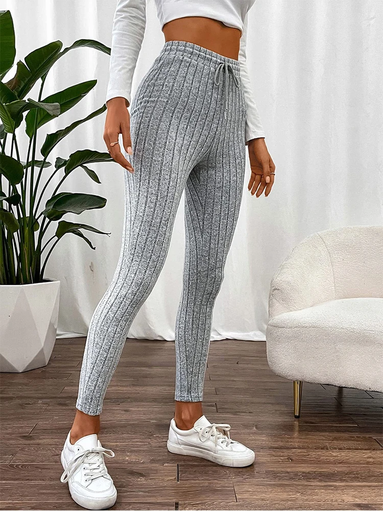 Leggings elásticos informales para todos los días con cordón para mujer, mallas deportivas transpirables de cintura alta de Color sólido, ropa suave y cómoda