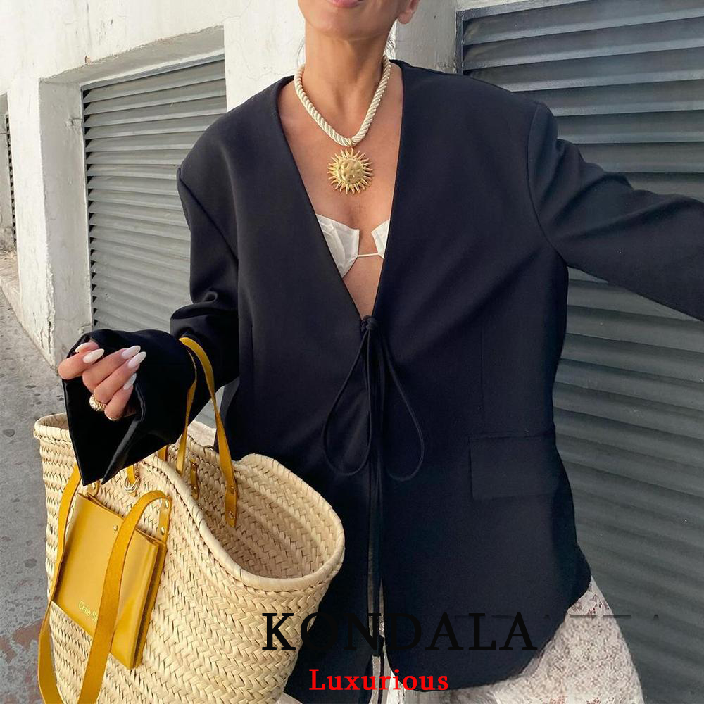 KONDALA Casual Übergroßen Schwarzen Blazer Frauen V-ausschnitt Fliege Taschen Lose Jacken Mode 2025, Herbst Streetwear Frauen Outwears