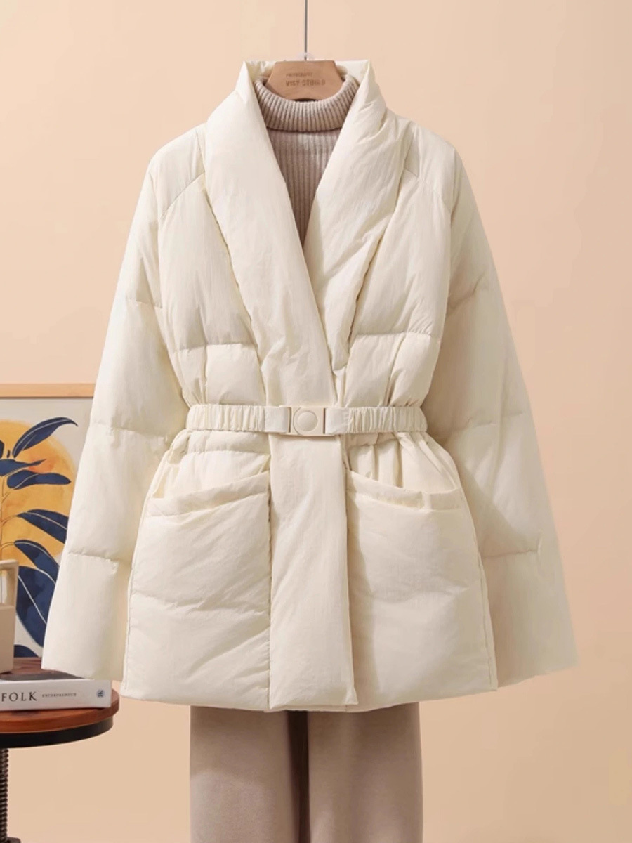 Schinteon Vrouwen Witte Eend Donsjack Casual Losse Riem V-hals Kraag Mode Herfst Winter Uitloper Koreaanse Stijl Jas 2025 Nieuwe