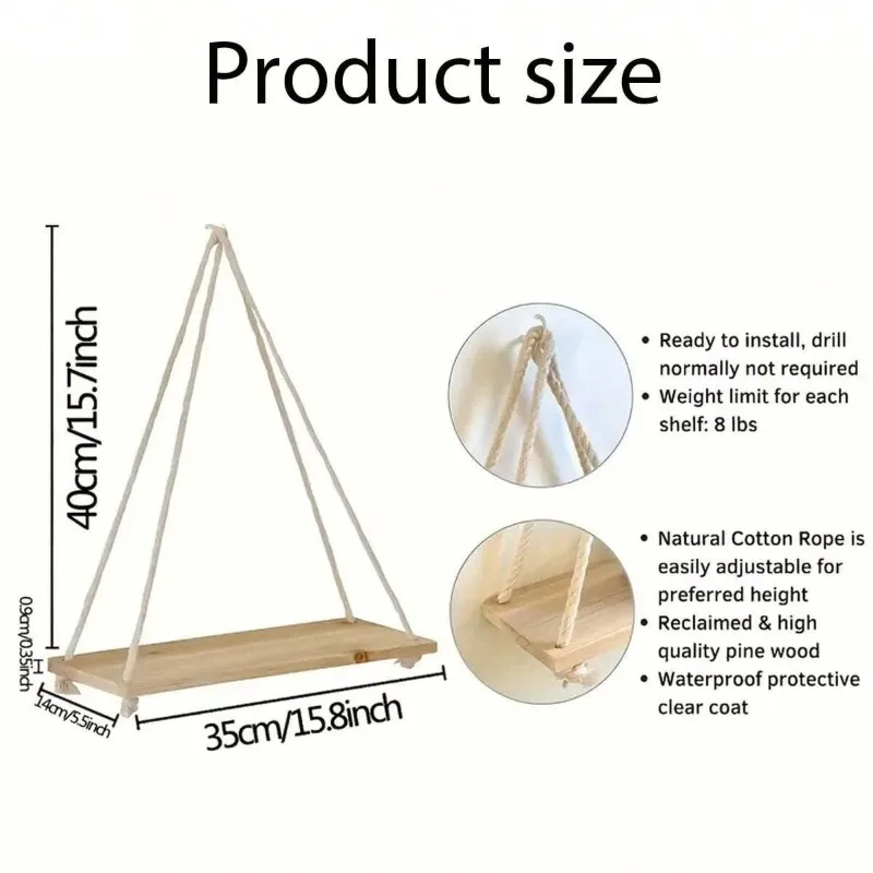 1PC ไม้ Swing แขวนเชือกกัญชาชั้นวางติดผนังลอยห้องนั่งเล่นดอกไม้หม้อถาดเก็บตกแต่งสวน