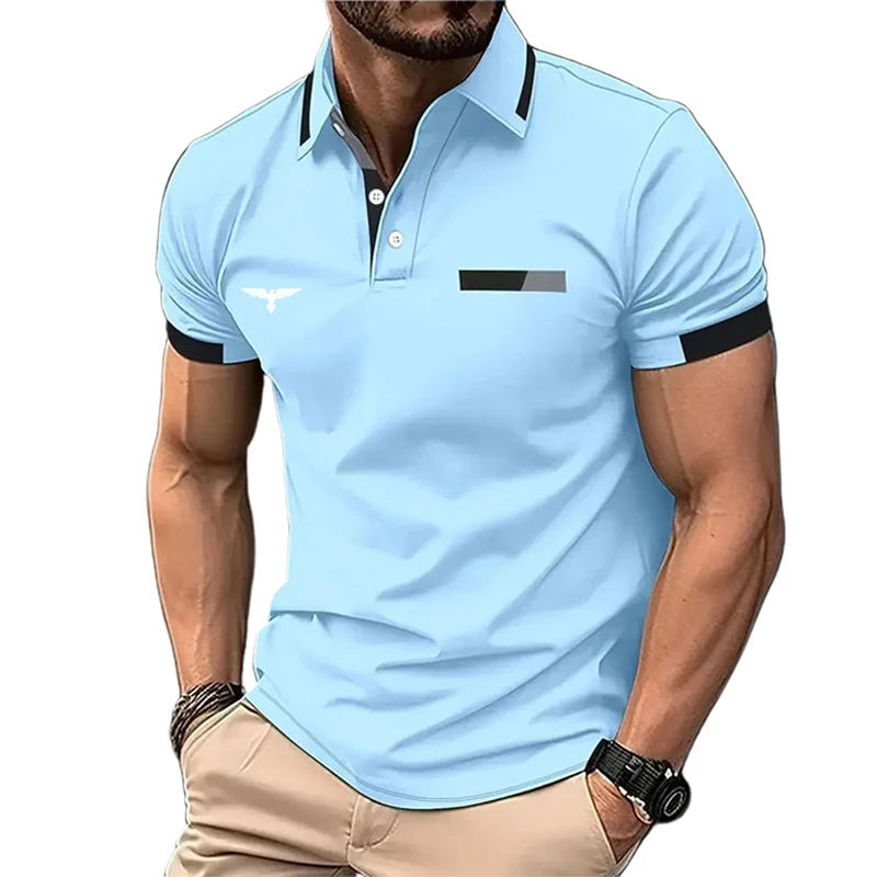 Herren-Poloshirt mit Knöpfen, lässig, Urlaub, Revers, kurzärmelig, modisch, Basic, Farbblock, Sommer, normale Passform
