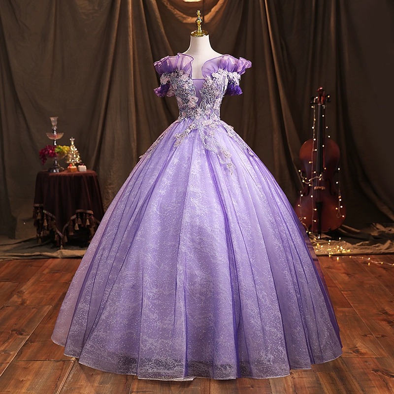 Nova linha de ombro princesa pommel vestido hospedagem vestido de jantar roxo para senhoras outono