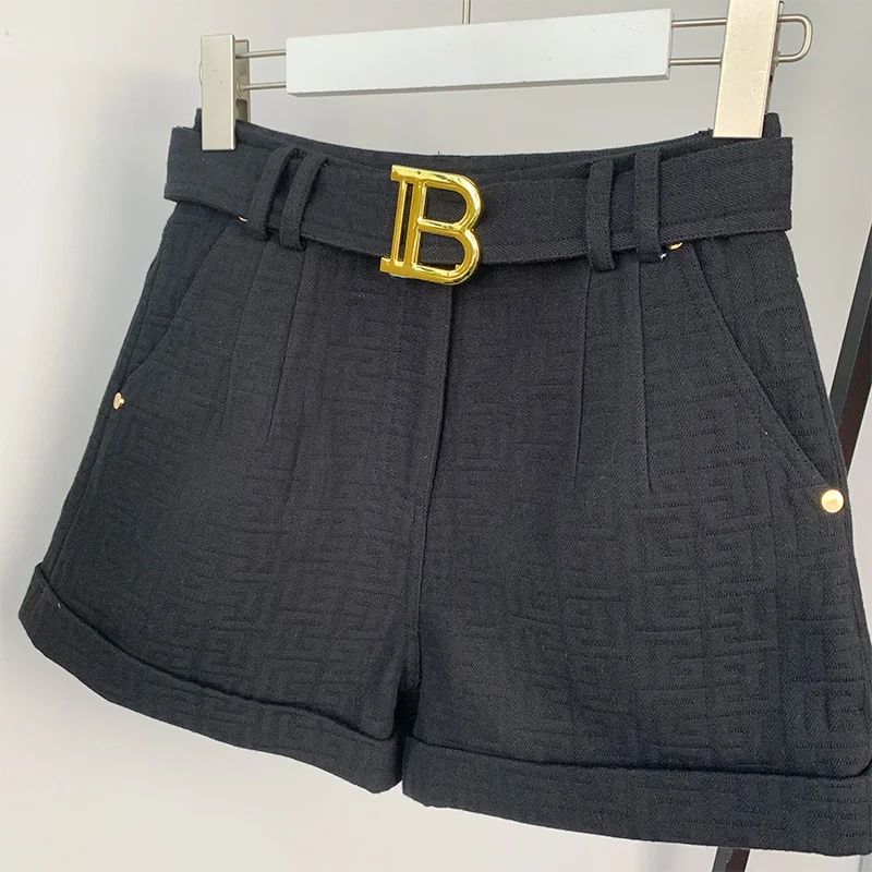 6 colores para elegir Pantalones cortos de mezclilla lavados con textura rosa para mujer con cinturón Pantalones vaqueros de calidad de estilo casual